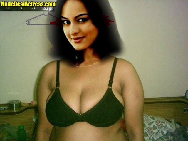 Hot Sonakshi Sinha black bra nude cleavage without blouse pic