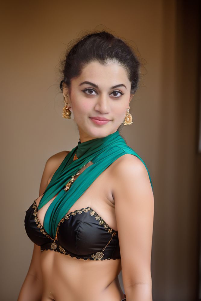 Taapsee Pannu low neck blouse hot cleavage photos